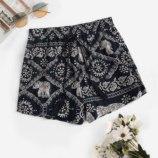 

Elephant Print Drawstring Waist Shorts, Multicolor