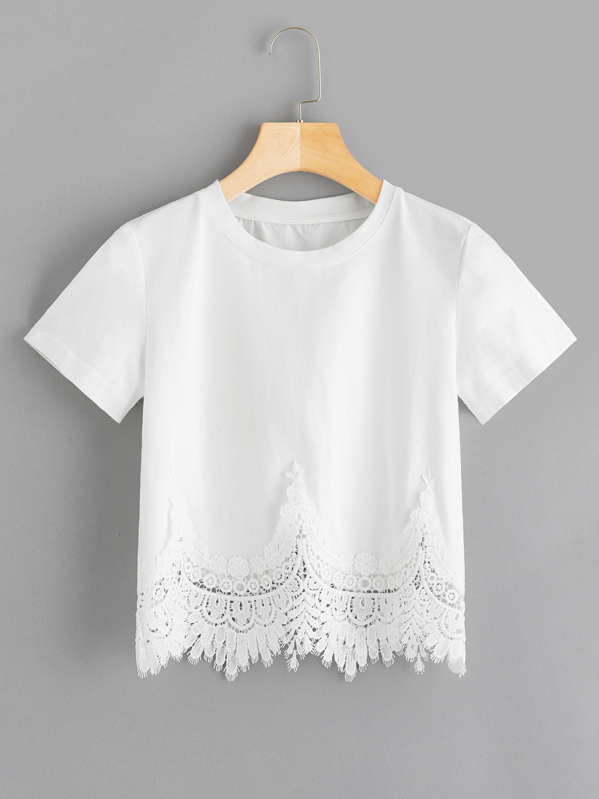 

Guipure Lace Hem Crop Tee, White