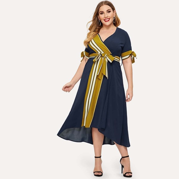 

Plus Knot Cuff Contrast Striped Dress, Multicolor
