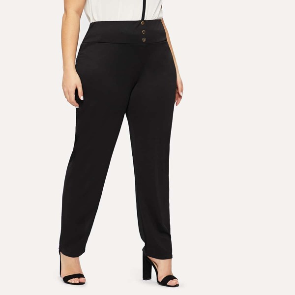 

Plus Button Front Solid Pants, Black