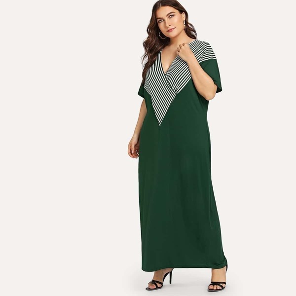 

Plus V-neck Striped Panel Dress, Green