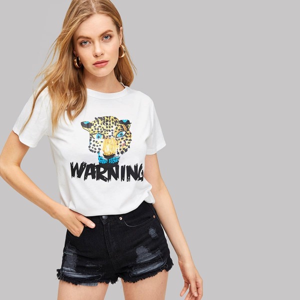 

Leopard And Letter Print Tee