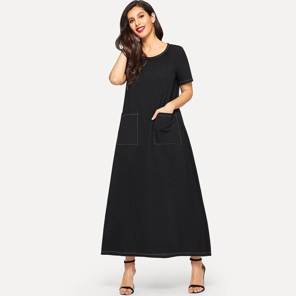 

Stitch Detail Pocket Decoration Dress, Black