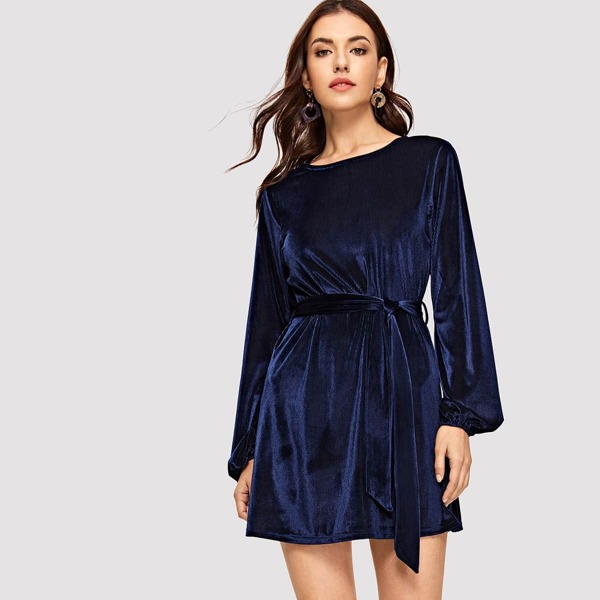 

Keyhole Back Bishop Sleeve Self Belted Velvet Dress