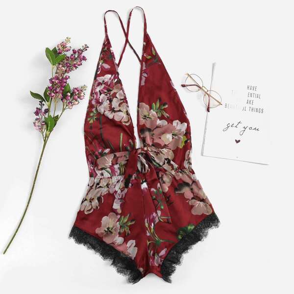 

Plunging Neck Crisscross Back Lace Trim Teddy