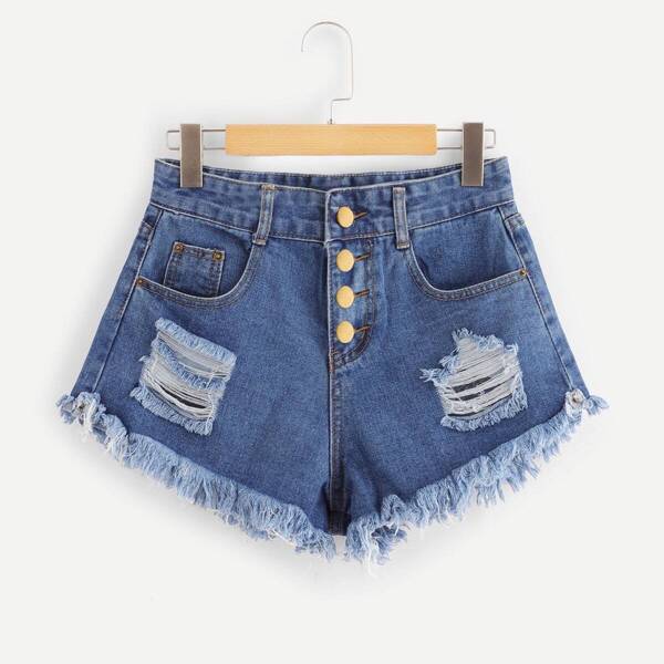 

Ripped Raw Hem Button Fly Denim Shorts, Blue