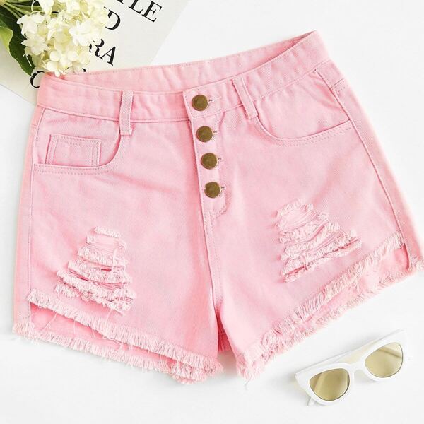 

Ripped Raw Hem Button Fly Denim Shorts, Pink