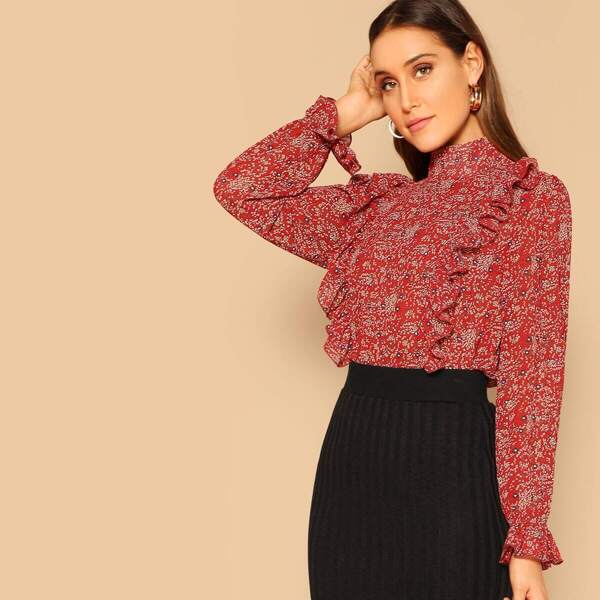 

Mock-Neck Ruffle Ditsy Floral Top