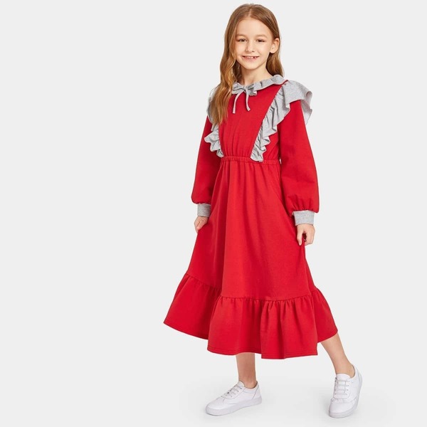 

Girls Contrast Collar and Ruffle Sweat Dress, Red