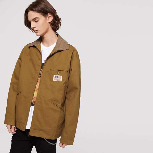 

Men Pocket & Zip Up Collar Neck Jacket, Brown