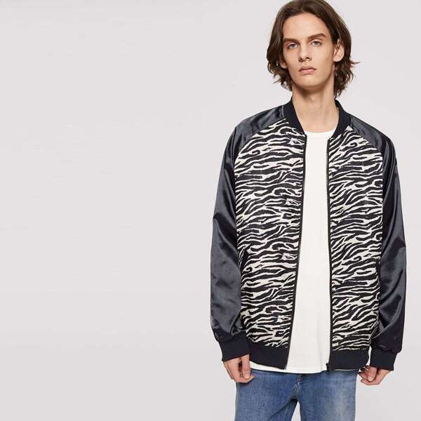 

Men Zip Up Raglan Sleeve Animal Print Bomber Jacket, Multicolor