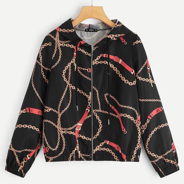 

Chain Print Zip Up Hooded Jacket