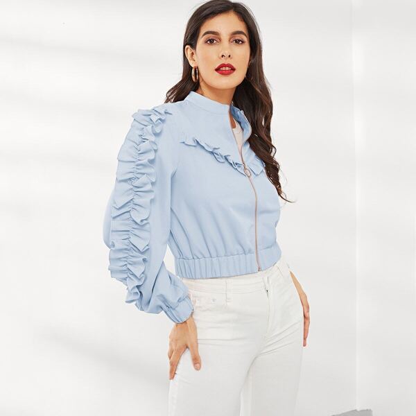 

O-Ring Zip Up Ruffle Trim Solid Jacket