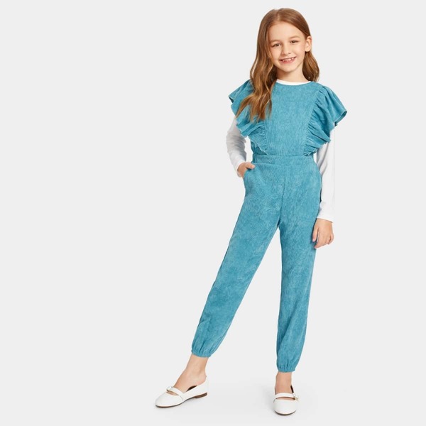

Girls Ruffle Trim V-back Corduroy Jumpsuit