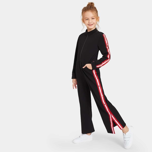 

Girls Zip Front Buttoned Striped Side Track Jumpsuit