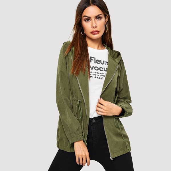 

Drawstring Waist Zip Hooded Utility Coat