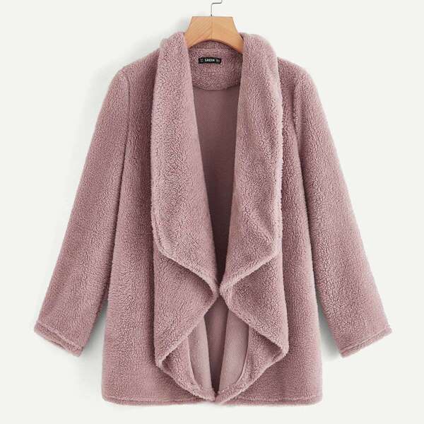 

Draped Collar Open Front Teddy Coat