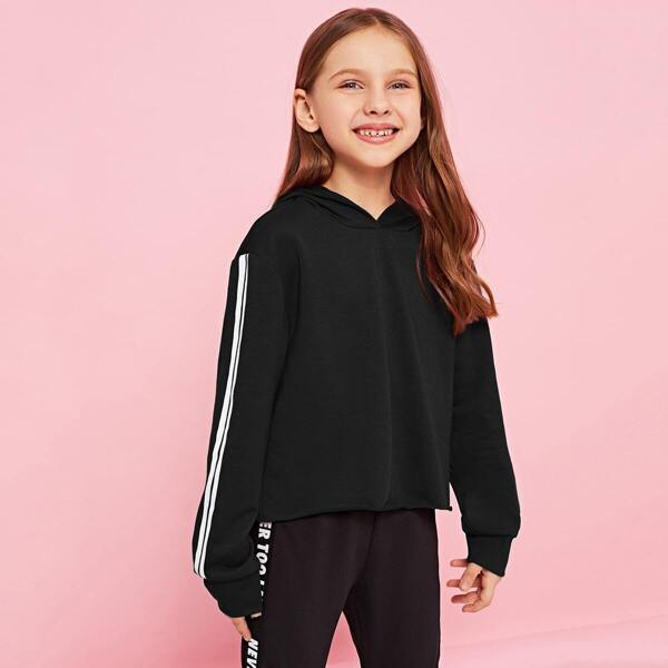 

Girls Striped Sleeve Raw Hem Hoodie, Black