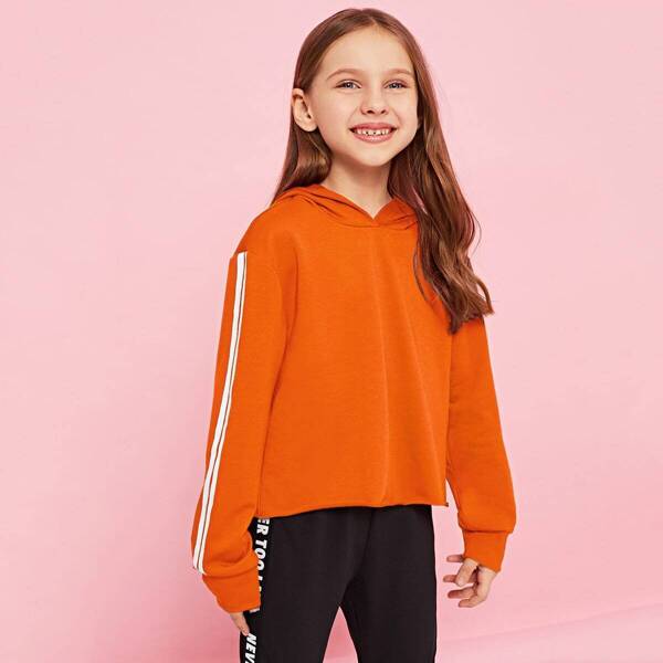 

Girls Striped Sleeve Raw Hem Hoodie, Orange