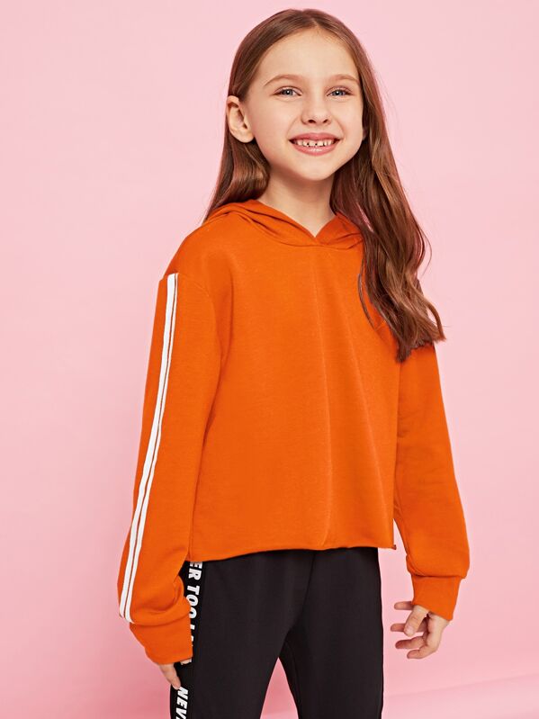 

Girls Striped Sleeve Raw Hem Hoodie, Orange