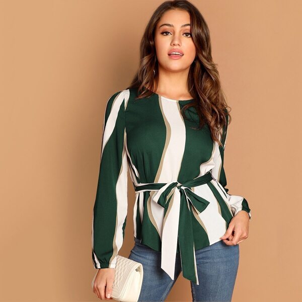 

Waist Belted Color Block Top, Green