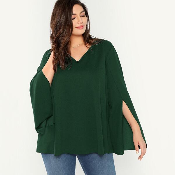 

Plus V-neck Split Bell Sleeve Solid Top