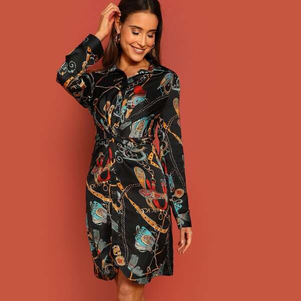 

Chain Print Twist Front Shirt Dress