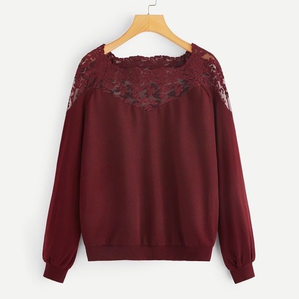 

Embroidered Mesh Yoke Raglan Sleeve Sweatshirt