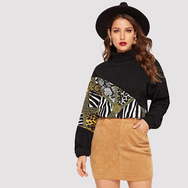 

Turtleneck Neck Mixed Media Ribbed Pullover