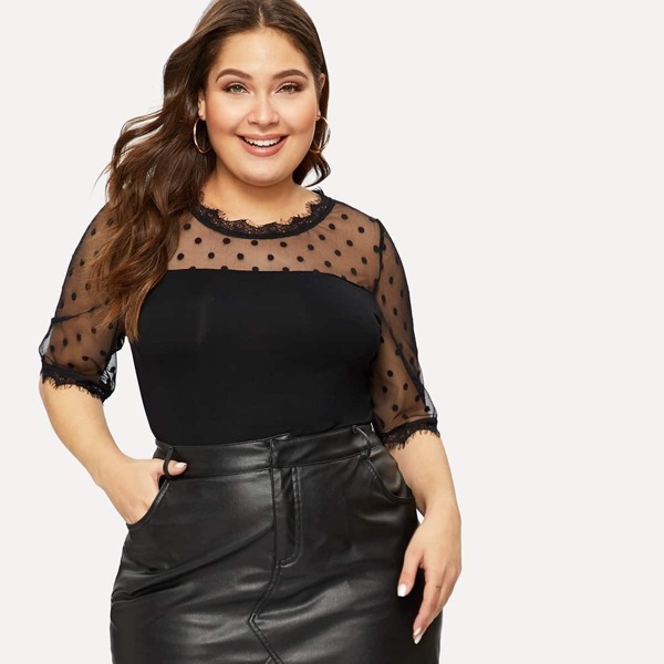 

Plus Dot Mesh Shoulder Fitted Top