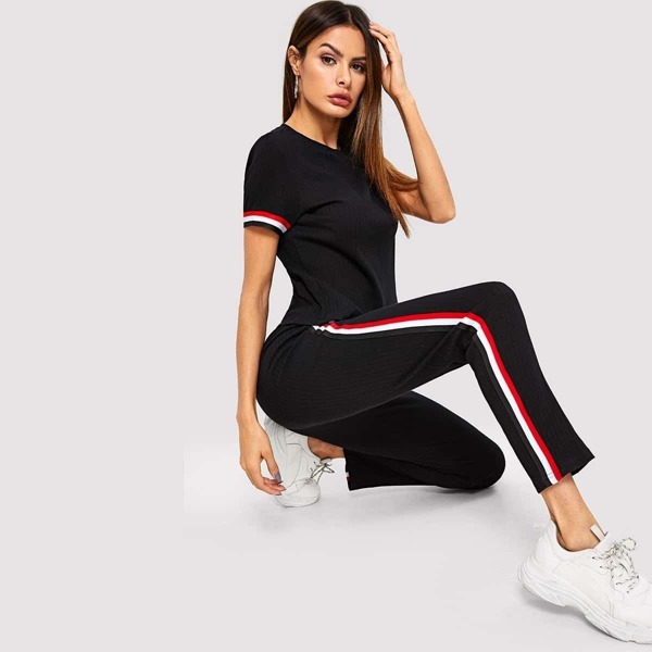 

Striped Cuff Ribbed Knit Top & Pants Set, Black