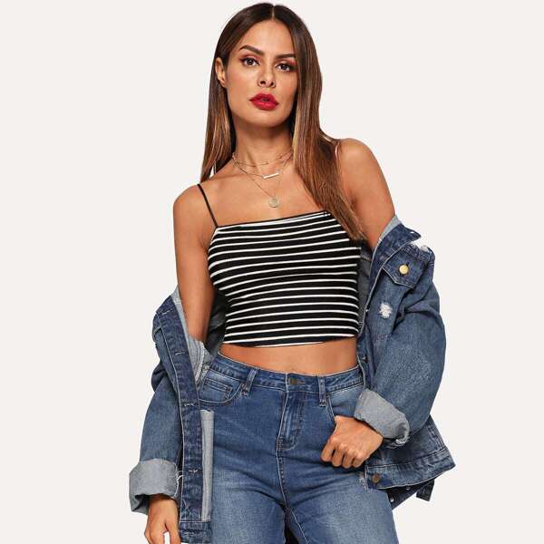 

Rib-knit Striped Crop Cami Top, Black and white