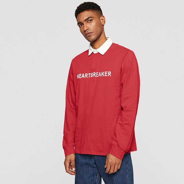 

Men Letter Print Contrast Collar Polo Shirt, Red