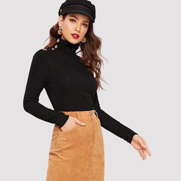 

Ribbed Knit Button Detail Mock-neck Tee