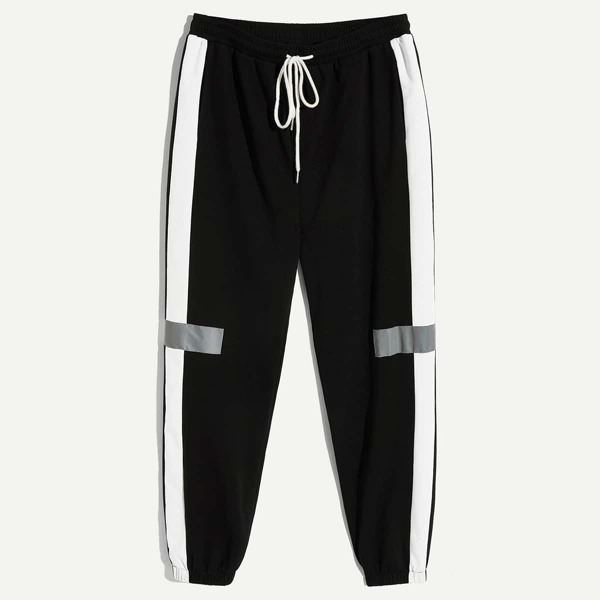 

Men Contrast Panel Elastic Hem Pants, Black