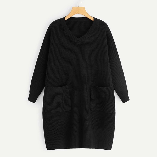 

Plus V Neck Pocket Front Drop Shoulder Sweater Dress