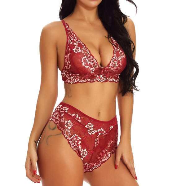 

Floral Lace Lingerie Set, Red