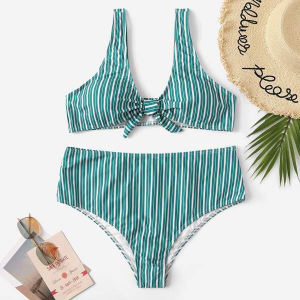 

Plus Striped Tie Front Top With High Waist Bikini, Green