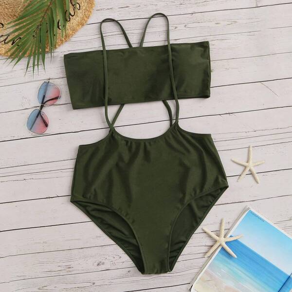 

Plus Bandeau With High Waist Suspender Bikini Set