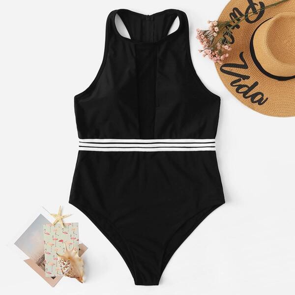 

Plus Striped Zipper Back Tank One Piece Swimsuit