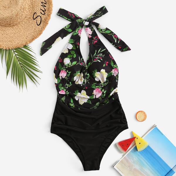 

Plus Random Floral Ruched One Piece Swim, Multicolor