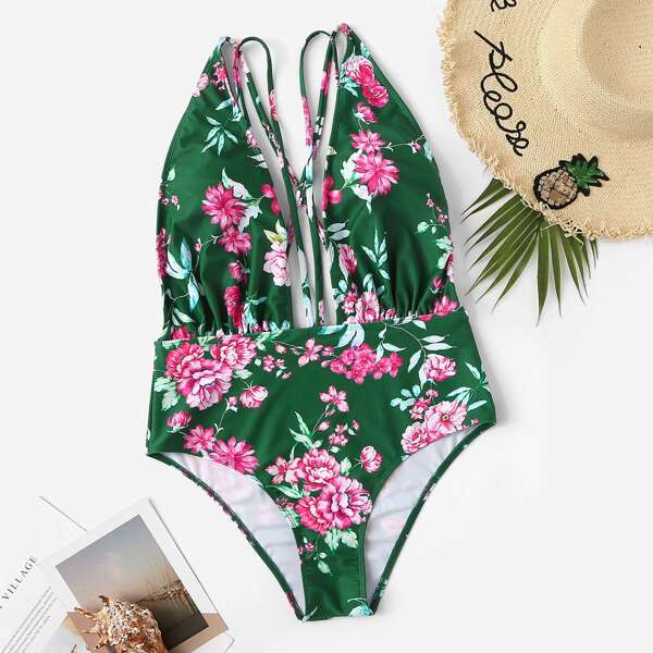 

Plus Random Floral Plunging One Piece Swimwear, Green