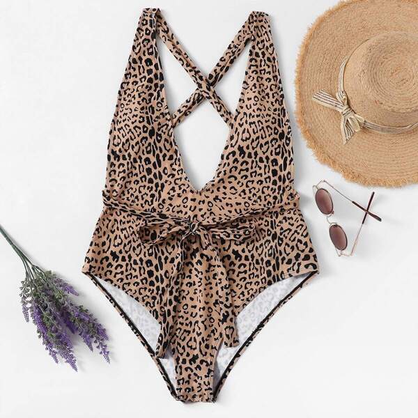 

Plus Leopard Criss Cross Backless One Piece Swim, Multicolor