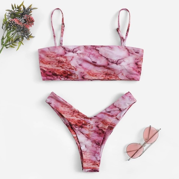 

Marble Print Bandeau With High Leg Bikini Set