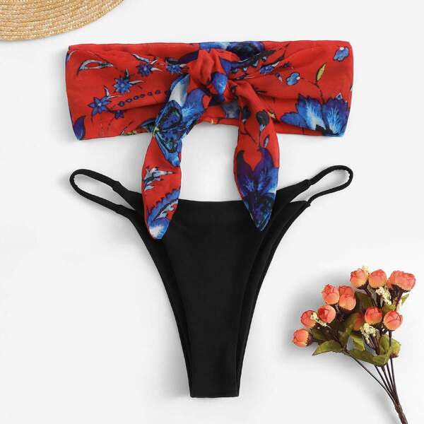

Random Floral Bandeau With Low Rise Bikini Set, Multicolor