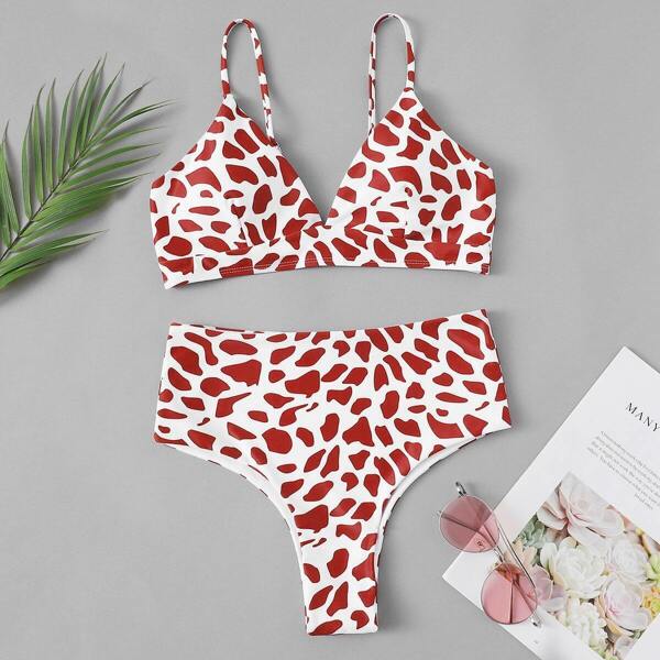 

Leopard Print High Waist Bikini Set, Red