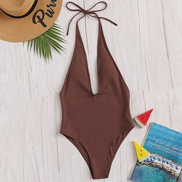 

Plunge Open Back Halter One Piece Swimwear