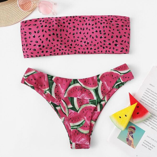 

Random Watermelon Print Bandeau With Low Rise Bikini, Multicolor