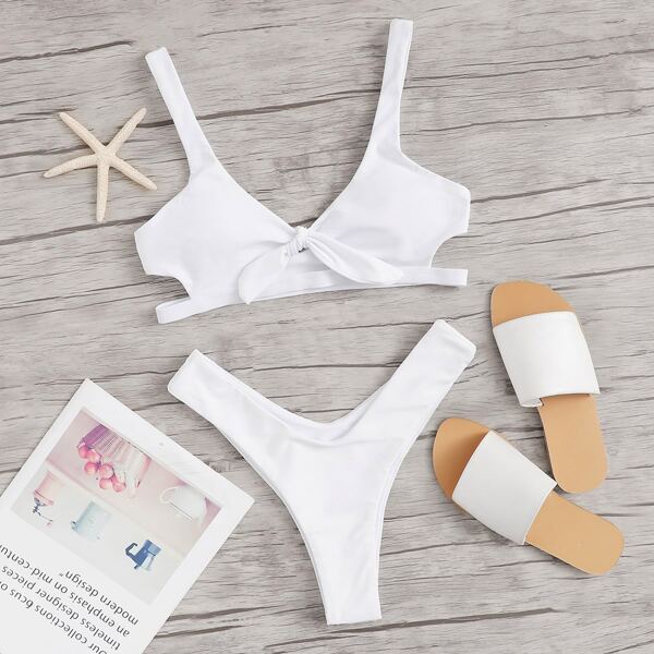 

Cut-out Top With High Cut Bikini Set, White