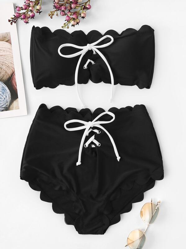 

Scalloped Trim Lace-up Bandeau With High Waist Bikini, Black
